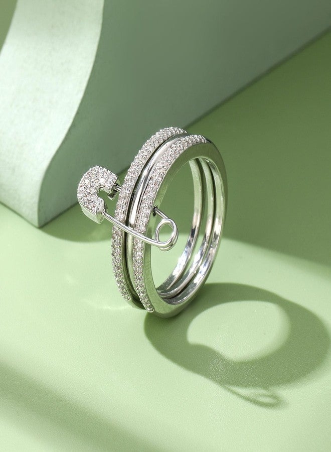 BLBLJERY Safety Pin Silver& Gold Stackable Rings for Women Non Tarnish 14k Gold Plated Statement Ring Set Cubic Zirconia Wedding Rings Thumb Ring Stack Pack Unique Jewelry Gift Women, 9, Metal, Cubic - Image 4