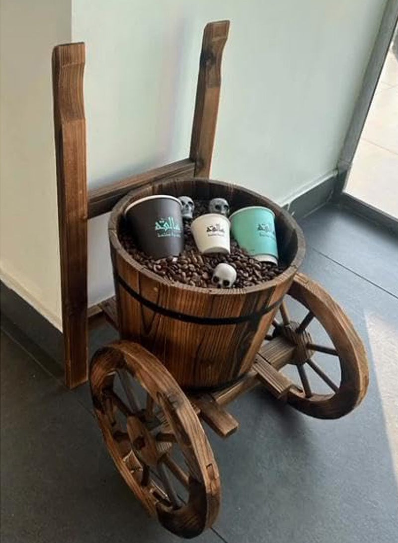 LINGWEI Wooden Flower Pot Rustic Style Wooden Planter with Two Wheels Flower Bucket Wooden Garden Flower Pot Garden Decoration Item Flower Basket For Indoor Outdoor - Image 4