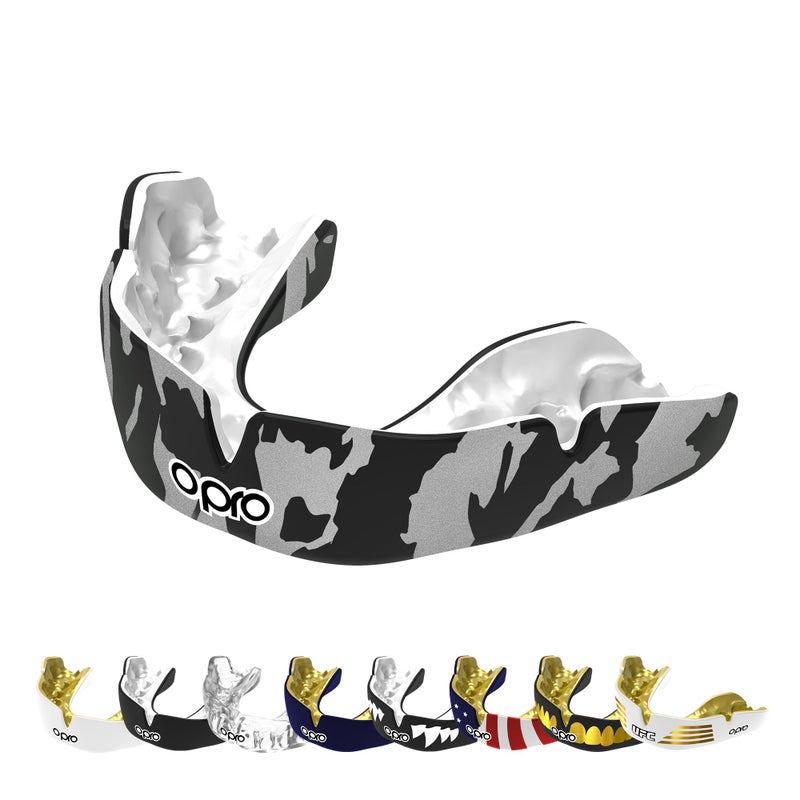 OPRO Instant CustomFit Mouth Guard DentistLevel Comfort Protection Fit Moldable Mouthguard for Football Boxing Rugby MMA UFC Mouth Piece Includes Mouth Guard Case Silver Camo Adult