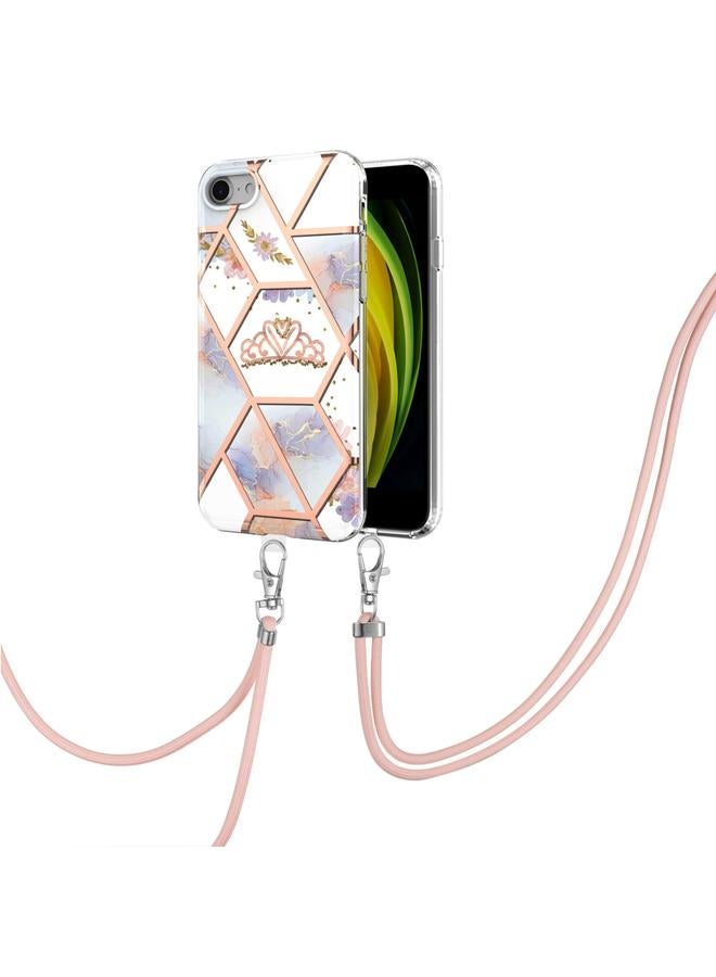 S-TOP Case For iPhone SE 2022 / SE 2020 / 8 / 7 Electroplating Splicing Marble Flower Pattern TPU Shockproof Case with Lanyard - Image 1