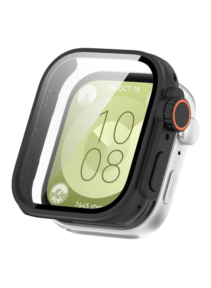 DKNG Full Coverage Phone Case with Tempered Film Screen Protector, Compatible with Huawei Watch Fit 4, PC Smart Watch Accessories (Black)  - Image 1
