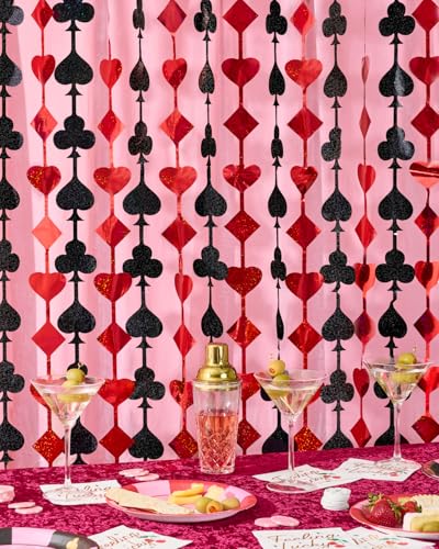xo, Fetti Party Decorations Red and Black Casino Curtain - Set of 2 | Card Game Bachelorette Supplies, Vegas Birthday Photo Booth, Poker Party Backdrop - Image 2
