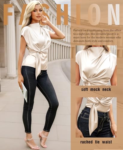 VIDUSSA Womens Dressy Casual Tops - Silk Satin Work Blouse Mock Neck Cap Sleeve Ruched Tie Front Peplum Tunic Shirts Beige Small - Image 3