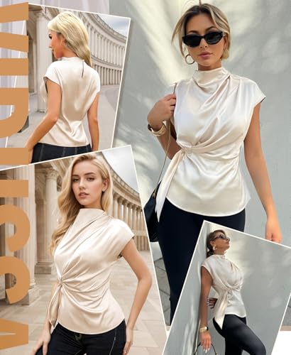VIDUSSA Womens Dressy Casual Tops - Silk Satin Work Blouse Mock Neck Cap Sleeve Ruched Tie Front Peplum Tunic Shirts Beige Small - Image 4