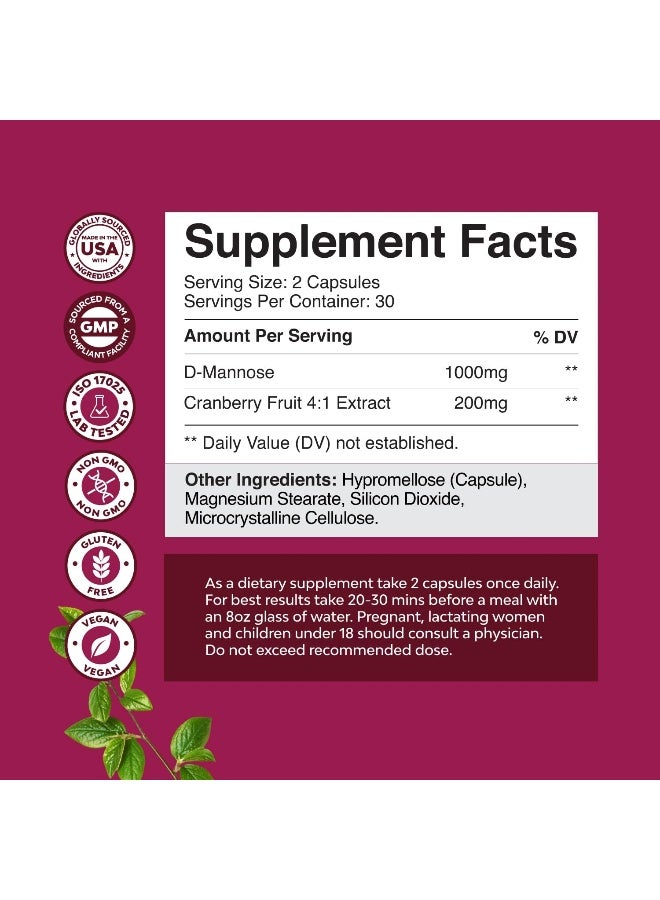 Natures Craft كبسولات دي مانوز مع مستخلص التوت البري - كبسولات دي مانوز لتنظيف الكلى ودعم الكبد وصحة المسالك البولية للنساء - كبسولات دي مانوز 1000 ملغ مع الكركديه والهندباء 60 عدداً - Image 2