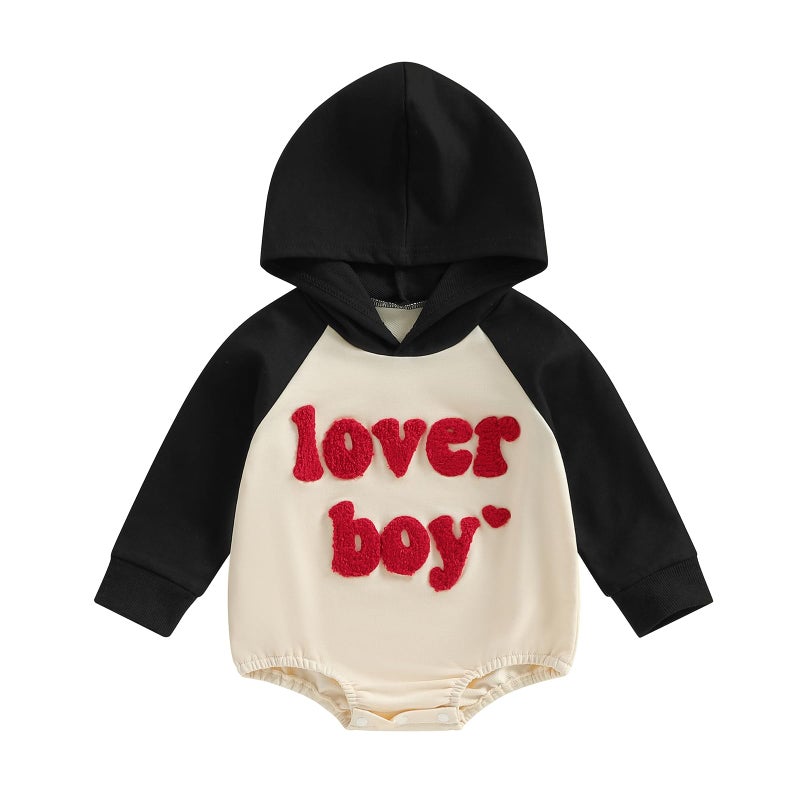 Thorn Tree Baby Boy Valentines Outfit Hooded Sweatshirt Bubble Romper Newborn Sweater Infant Onesie Hoodie (Black, 0-3 Months) - Image 1
