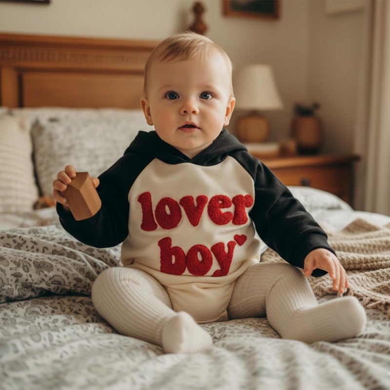 Thorn Tree Baby Boy Valentines Outfit Hooded Sweatshirt Bubble Romper Newborn Sweater Infant Onesie Hoodie (Black, 0-3 Months) - Image 2