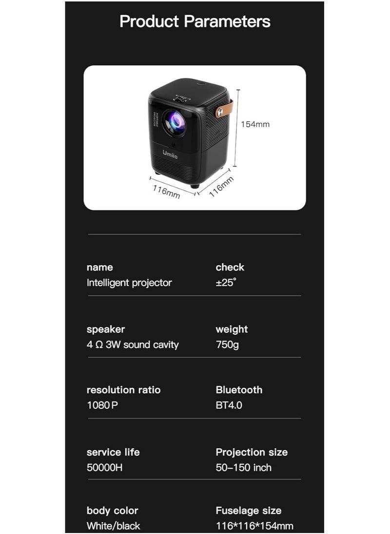 Umiio - Projector A008 Intelligent Screen Projector 5G WiFi Bluetooth Quadrangle Trapezoid 1080P Android Projector For Move Music TV Game Casting - Image 1