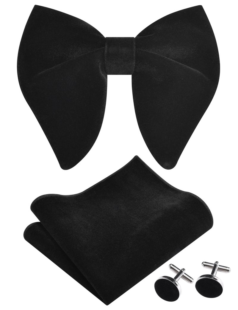 GUSLESON Solid Black Bow Ties For Men Velvet Pre-tied Bowtie and Pocket Square Cufflink Sets Adult Gifts (0571-18) - Image 1