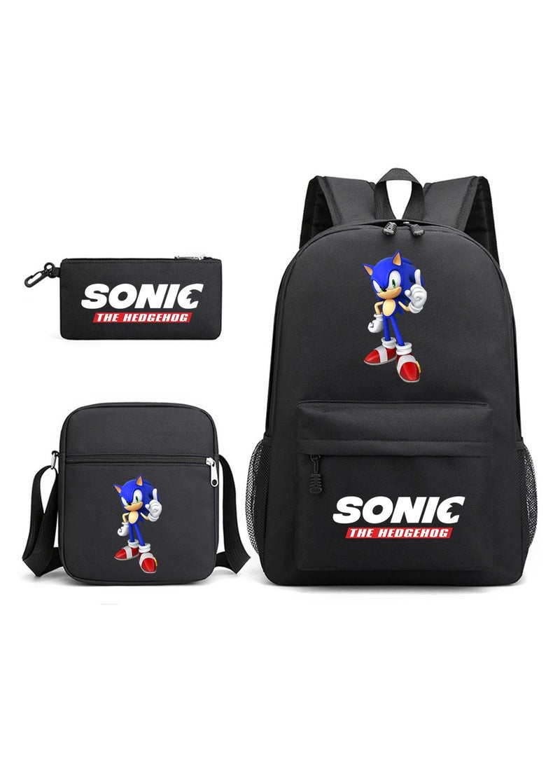SONIC Children Backpack Schoolbag Teen Student School Book bag with Lunch Box Pen Case 3 in 1 for Kids