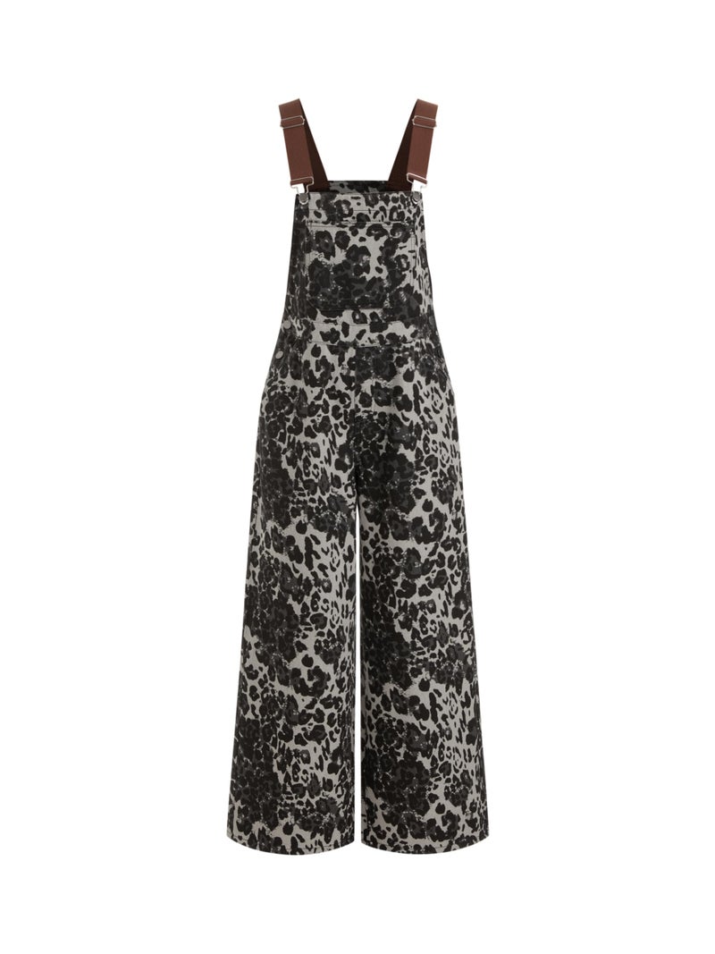 CIDER Overalls for Women Denim Leopard Pocket Buckle Up Wide Leg Jumpsuit - Image 1