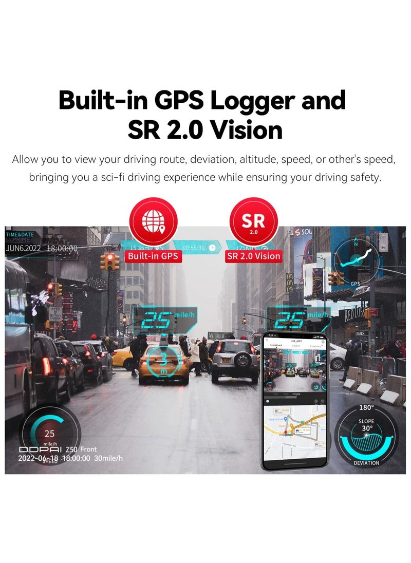 ddpai - 4K Dash Cam Front and Rear, Built-in GPS WIFI, 2160P Front, 1080P Rear Daul Dash Camera for Cars, Sony IMX415 Sensor, Super Night Vision, Dual Storage Design, 24H Parking Mode, G-Sensor, Z50-GPS - Image 1