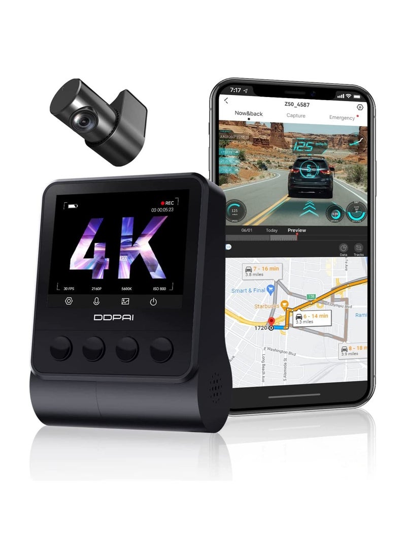 ddpai - 4K Dash Cam Front and Rear, Built-in GPS WIFI, 2160P Front, 1080P Rear Daul Dash Camera for Cars, Sony IMX415 Sensor, Super Night Vision, Dual Storage Design, 24H Parking Mode, G-Sensor, Z50-GPS - Image 1