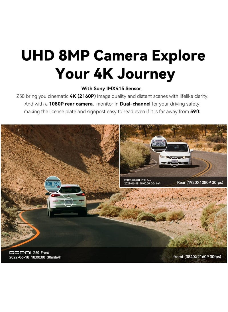 ddpai - 4K Dash Cam Front and Rear, Built-in GPS WIFI, 2160P Front, 1080P Rear Daul Dash Camera for Cars, Sony IMX415 Sensor, Super Night Vision, Dual Storage Design, 24H Parking Mode, G-Sensor, Z50-GPS - Image 1