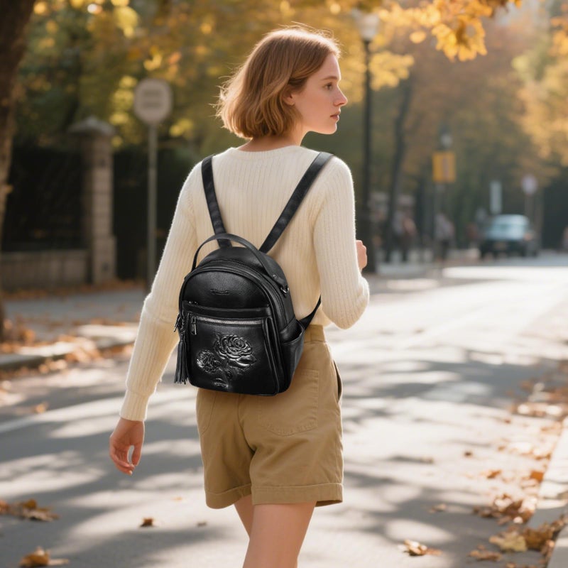 VIMUTI Mini Backpack Purse for Women,Embossed Leather Small Backpack Fashion Travel Backpacks Daypacks Shoulder Handbag (BLACK-Flower) - Image 2