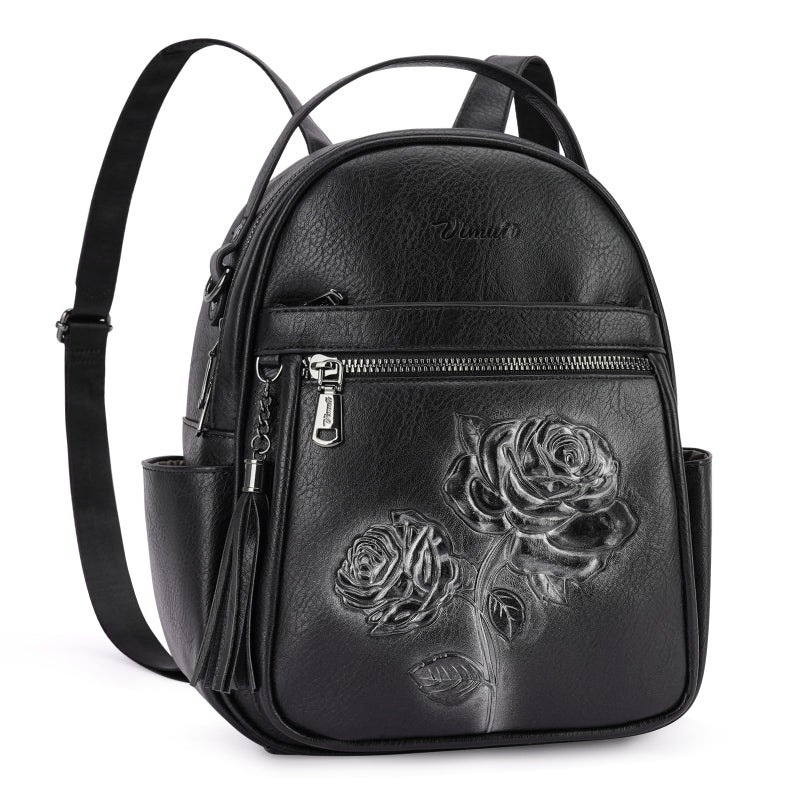 VIMUTI Mini Backpack Purse for Women,Embossed Leather Small Backpack Fashion Travel Backpacks Daypacks Shoulder Handbag (BLACK-Flower) - Image 1