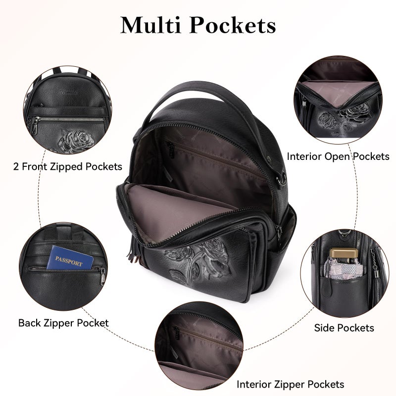 VIMUTI Mini Backpack Purse for Women,Embossed Leather Small Backpack Fashion Travel Backpacks Daypacks Shoulder Handbag (BLACK-Flower) - Image 5