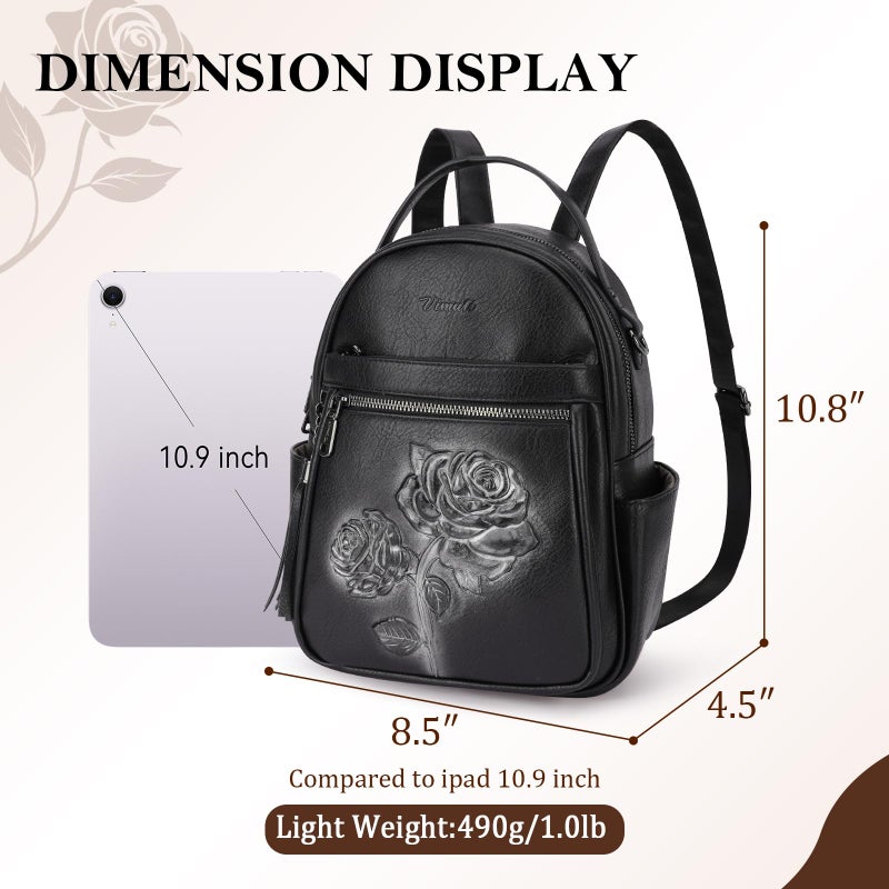 VIMUTI Mini Backpack Purse for Women,Embossed Leather Small Backpack Fashion Travel Backpacks Daypacks Shoulder Handbag (BLACK-Flower) - Image 3