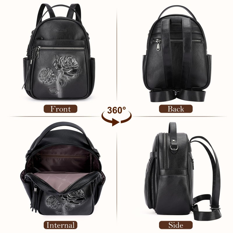 VIMUTI Mini Backpack Purse for Women,Embossed Leather Small Backpack Fashion Travel Backpacks Daypacks Shoulder Handbag (BLACK-Flower) - Image 4