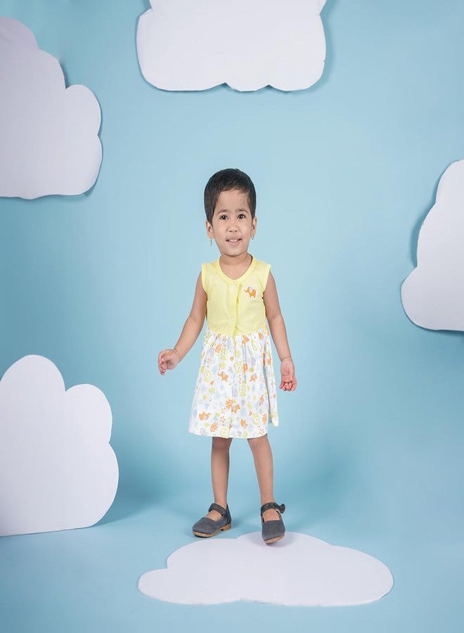 LOYZO Super Soft Baby Girl Dress - Stylish Printed Front Open Sleeveless Frock Knee Length - 100% Cotton (0-3 Months, Yellow) - Image 2