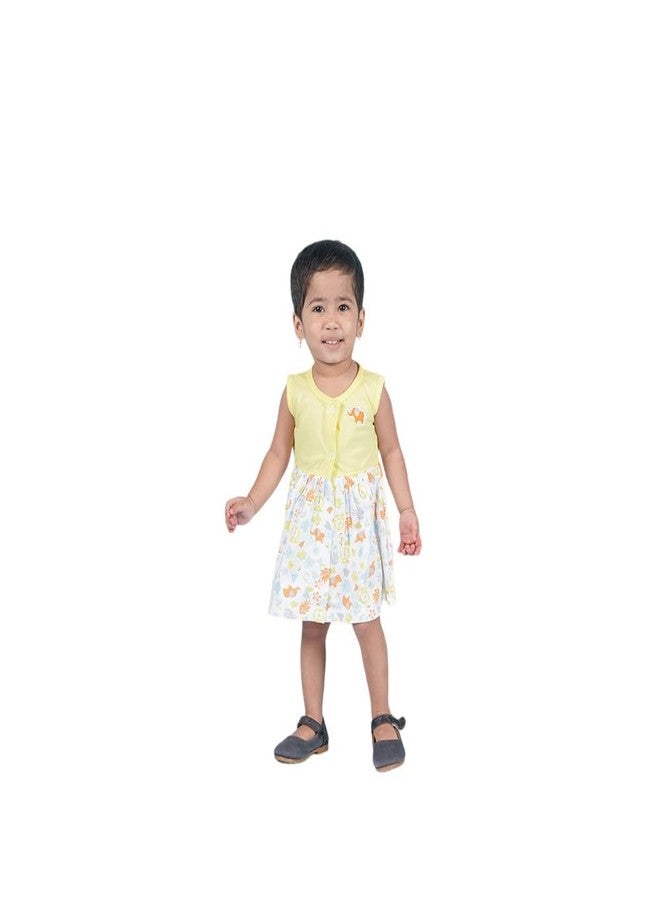 LOYZO Super Soft Baby Girl Dress - Stylish Printed Front Open Sleeveless Frock Knee Length - 100% Cotton (0-3 Months, Yellow) - Image 1