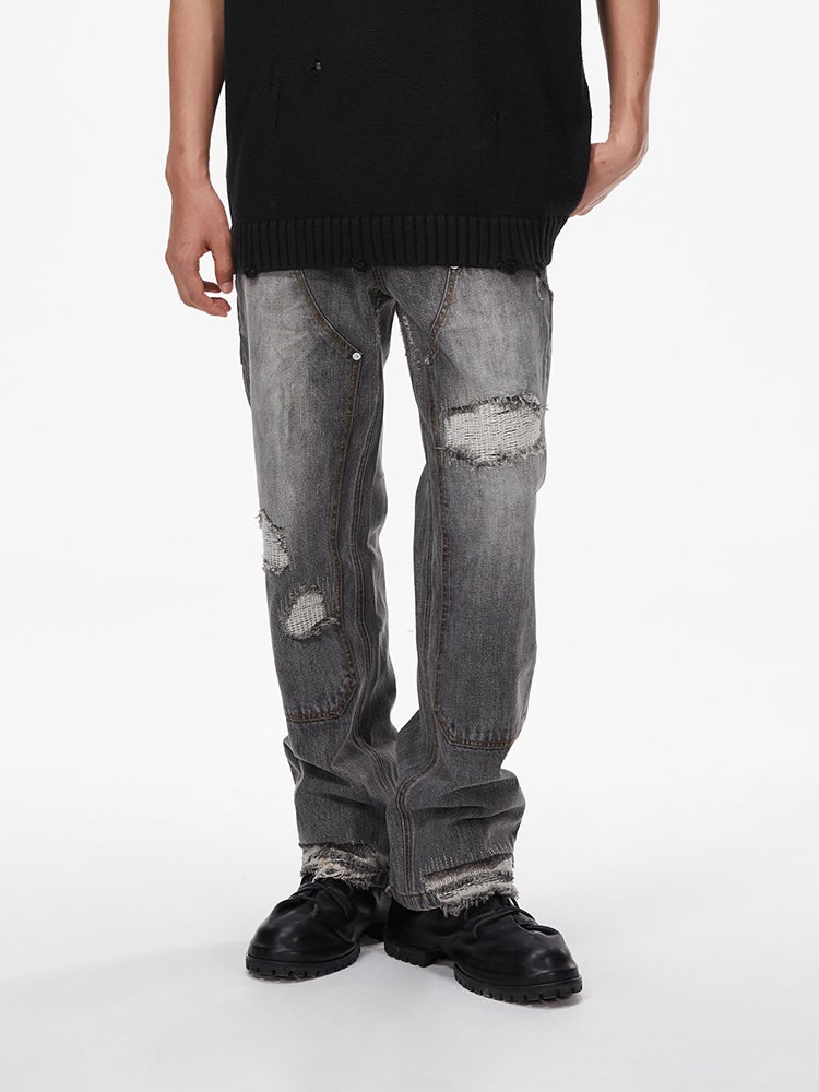 2023 American High Street Retro Japanese Okayama Island High Ounce Washed Destroyed Double Knee Logging Overalls - Image 1