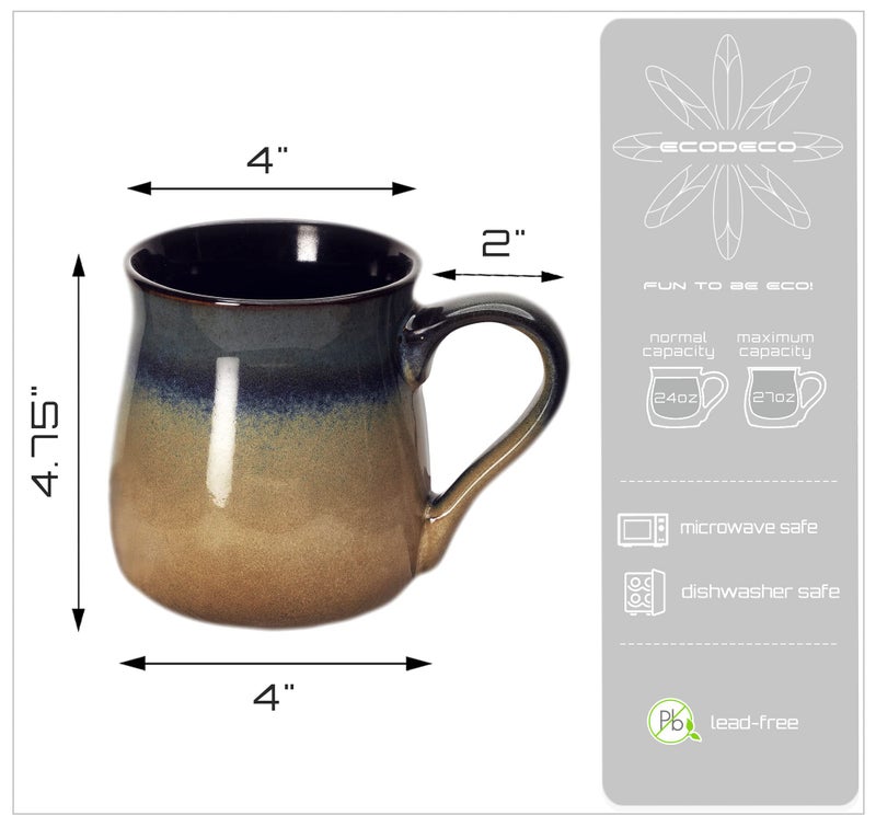 ECODECO Large Pottery Coffee Mug 24 Oz - Oversized Ceramic Cup with Big Handle - 1 Pcs (Blue to Tan) - Image 3