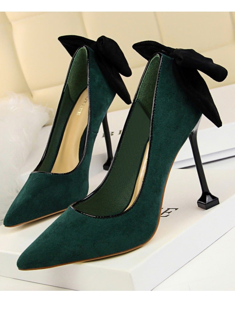 بيج تري Women's Elegant Velour Stiletto Pumps With Bow Knot 9.5 CM Fashion Gorgeous Closed Pointed Toe Slip On Solid High Heels Blackish Green - Image 1