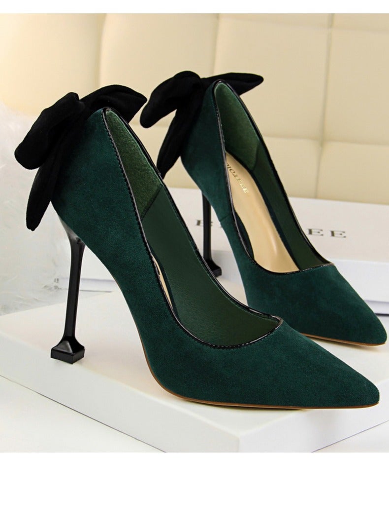 بيج تري Women's Elegant Velour Stiletto Pumps With Bow Knot 9.5 CM Fashion Gorgeous Closed Pointed Toe Slip On Solid High Heels Blackish Green - Image 2