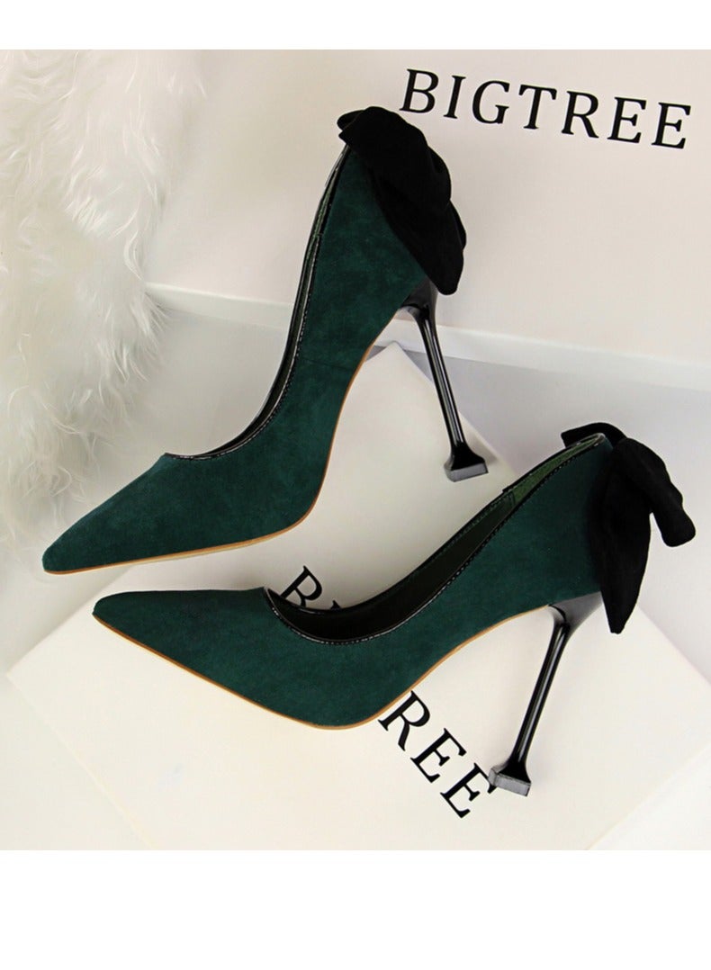 بيج تري Women's Elegant Velour Stiletto Pumps With Bow Knot 9.5 CM Fashion Gorgeous Closed Pointed Toe Slip On Solid High Heels Blackish Green - Image 4