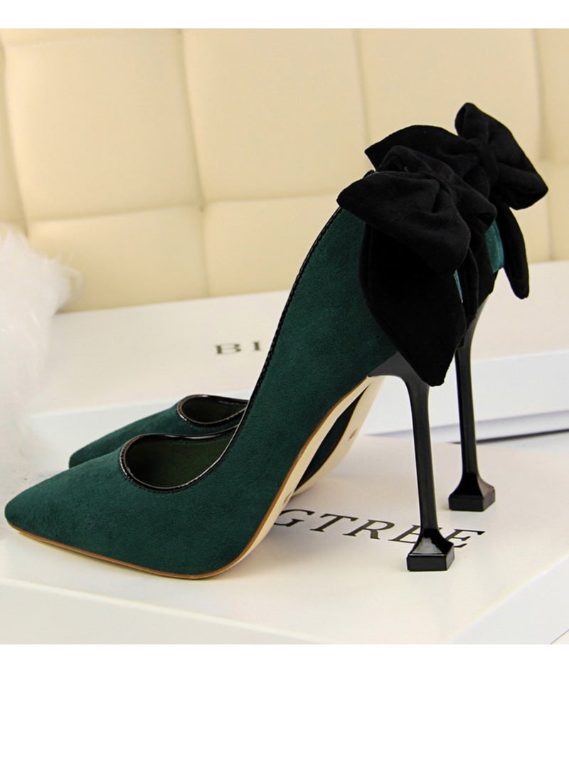 بيج تري Women's Elegant Velour Stiletto Pumps With Bow Knot 9.5 CM Fashion Gorgeous Closed Pointed Toe Slip On Solid High Heels Blackish Green - Image 3