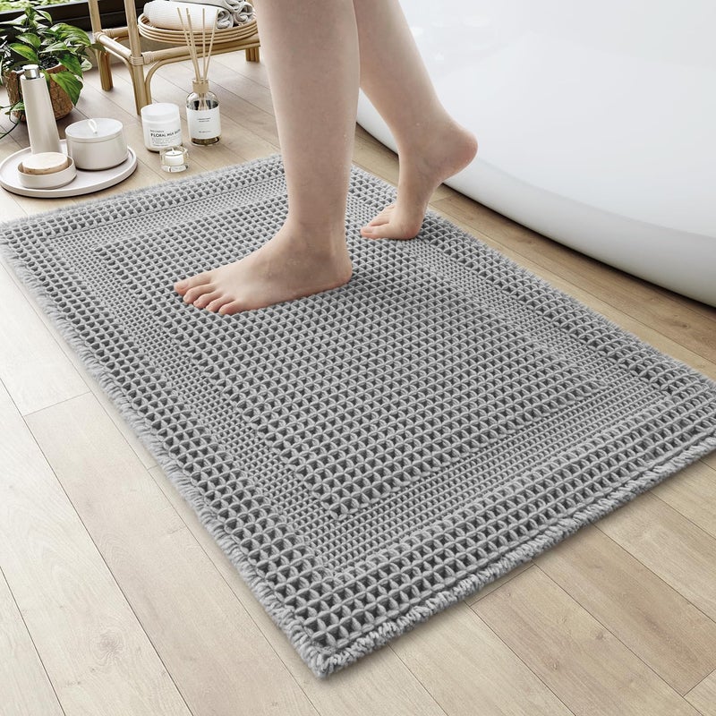 AMOAMI Waffle BathMat Absorbent Bath Mats for Bathroom Non Slip Machine Washable Bathroom Rugs with Tassels Ultra Soft Boho Bath Rugs for Floor 24x36 Grey