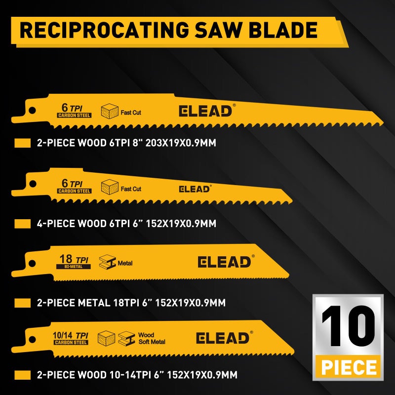 ELEAD 10-Piece Bi-Metal Reciprocating Saw Blade Set, Premium 6 & 8 Inch Wood & Metal Cutting Saw Blades with Storage Box - Image 2