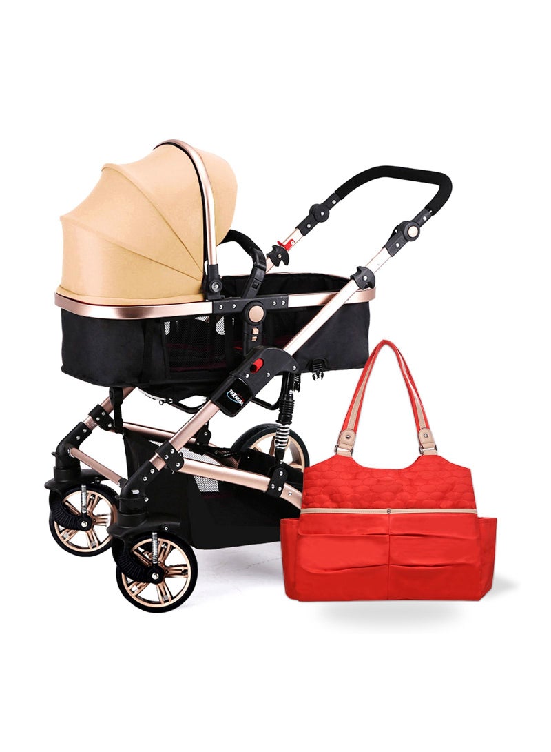 TEKNUM 3 In 1 Pram Stroller With Sunveno Fashion Diaper Tote Bag - Khaki - Image 1