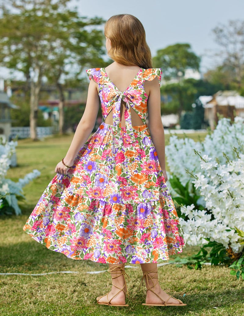 Arshiner Pink Purple Floral Dresses for Girls Easter Summer Boho Beach Tie Back Maxi Dress for 5-6 Years - Image 5