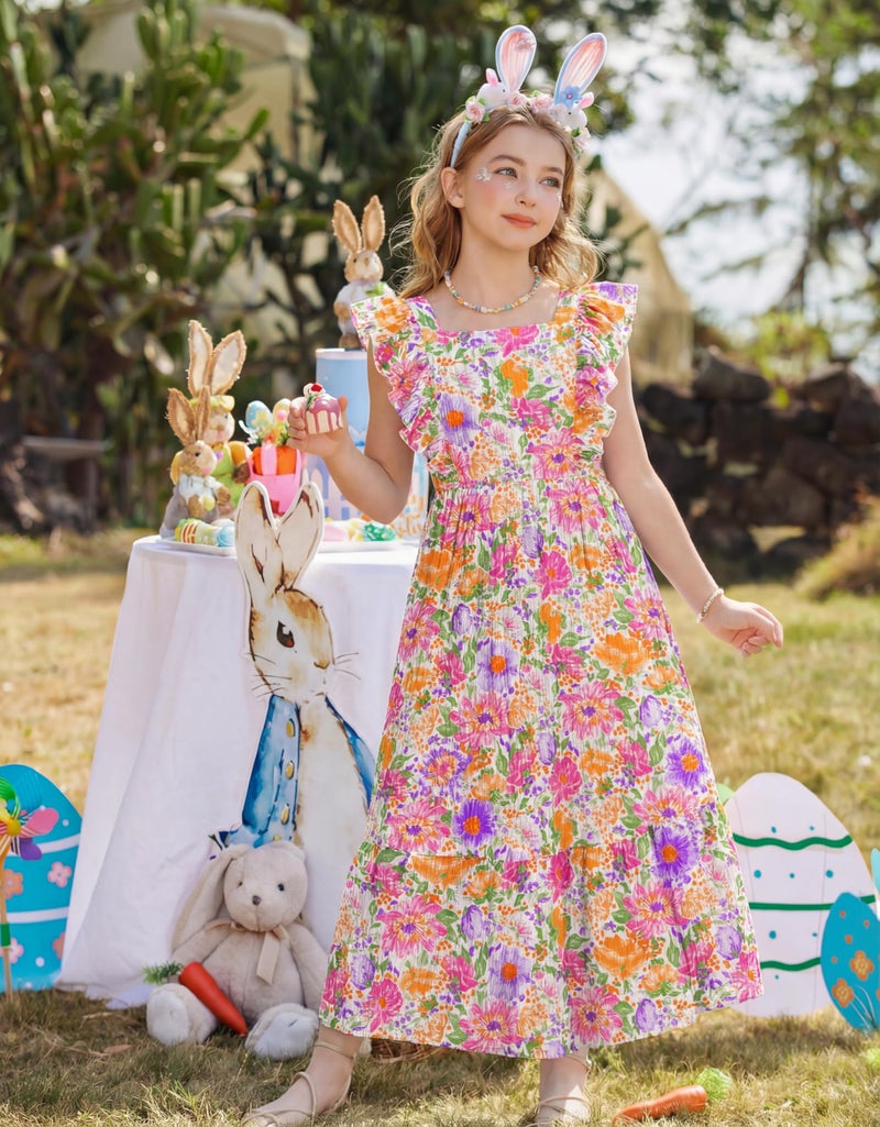 Arshiner Pink Purple Floral Dresses for Girls Easter Summer Boho Beach Tie Back Maxi Dress for 5-6 Years - Image 3