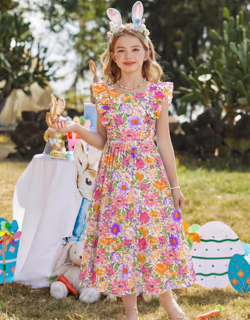 Arshiner Pink Purple Floral Dresses for Girls Easter Summer Boho Beach Tie Back Maxi Dress for 5-6 Years - Image 2