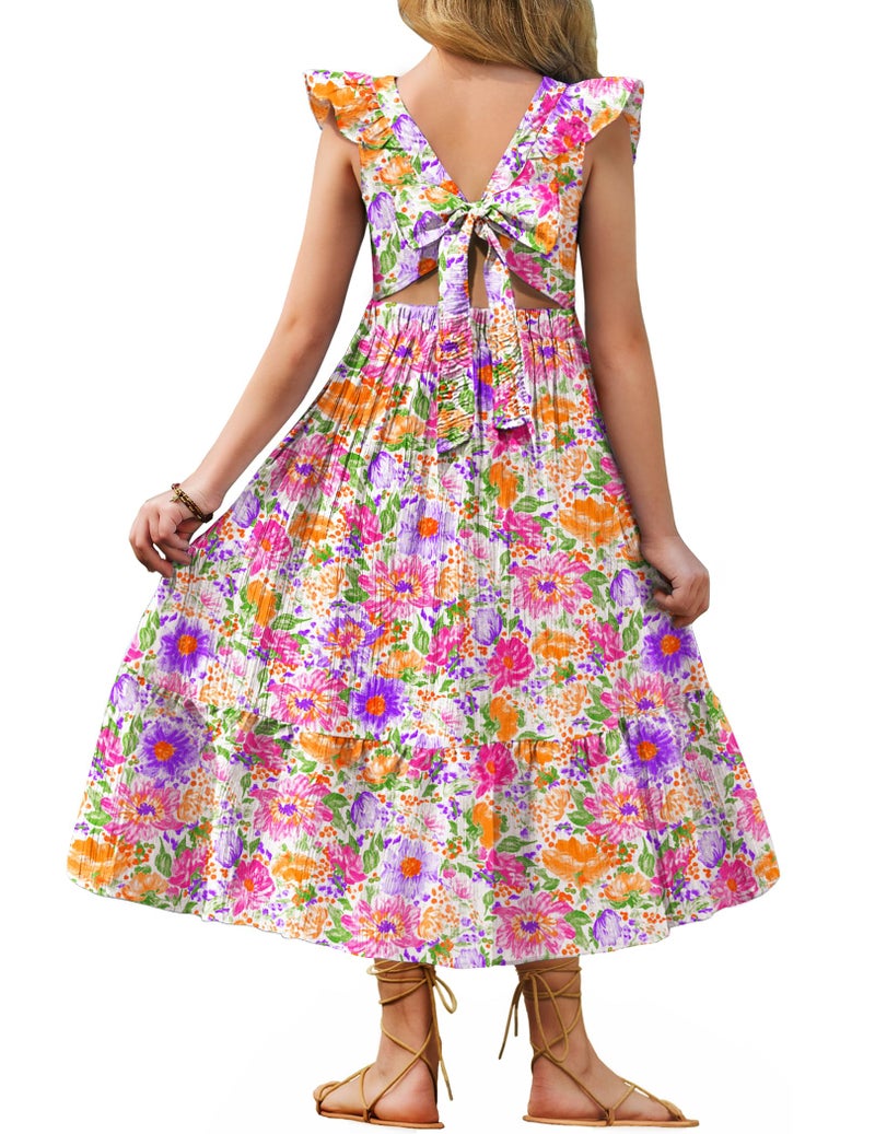Arshiner Pink Purple Floral Dresses for Girls Easter Summer Boho Beach Tie Back Maxi Dress for 5-6 Years - Image 1