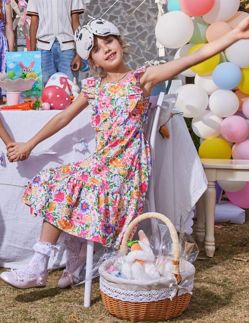 Arshiner Pink Purple Floral Dresses for Girls Easter Summer Boho Beach Tie Back Maxi Dress for 5-6 Years - Image 4