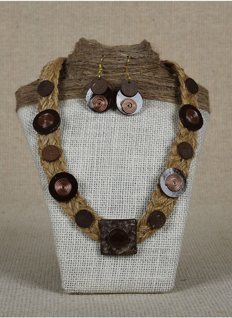 N & H Women's Coconut Shell with Jute Design Necklace with Earrings Set  - Image 1