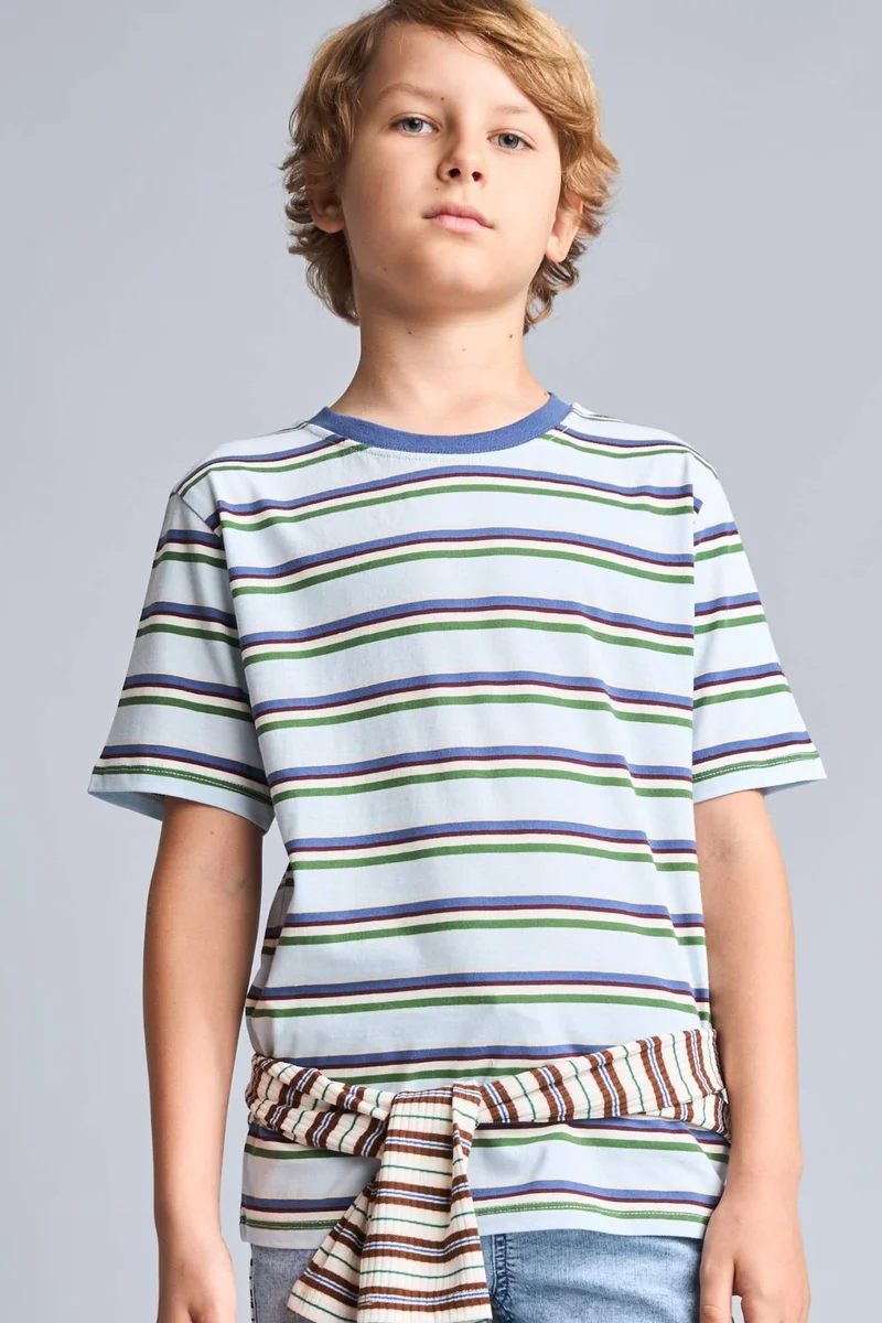 ديفاكتو Boy New Regular Fit Crew Neck Striped Blue T-Shirt
