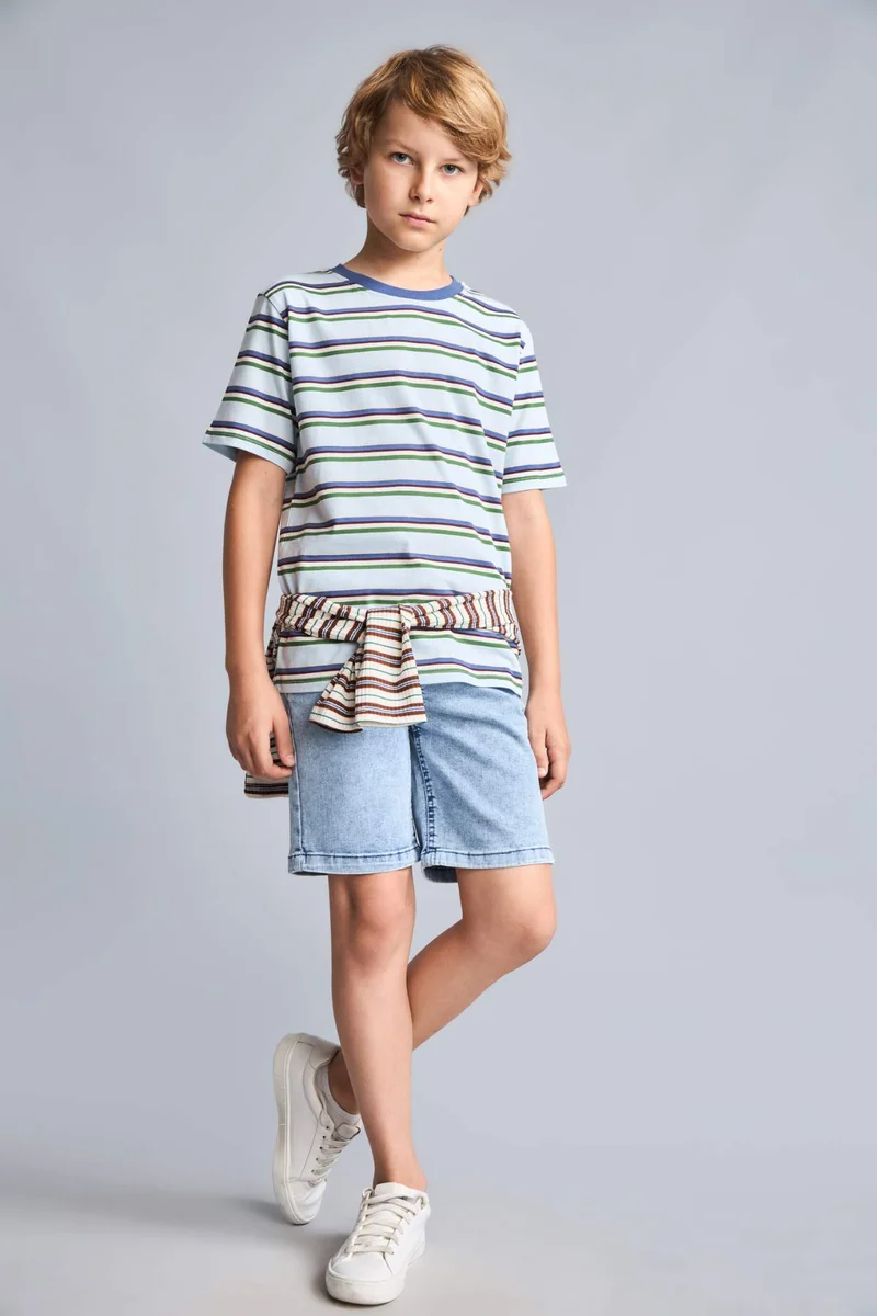 ديفاكتو Boy New Regular Fit Crew Neck Striped Blue T-Shirt