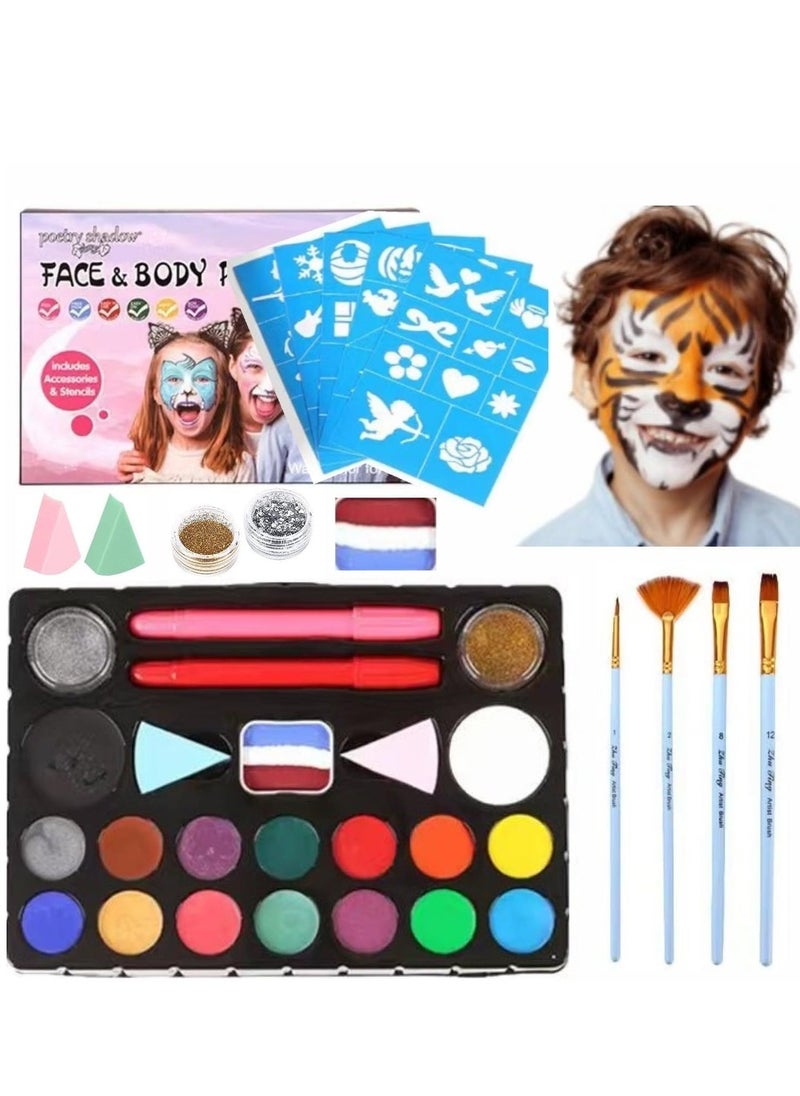 Face Painting Kit for Kids Party- 16 Water Based Non-Toxic Sensitive Skin Paints with Stencils, 2 Painted Stick, Halloween Makeup Kit - Safe and Easy to Use Face Paint Kit for Kids - Image 1