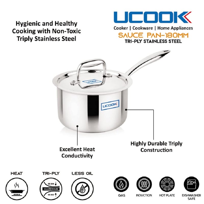 UCOOK Stainless Steel Triply Induction Compatible Sauce Pan with Lid, 180 mm/2.5 LTR, Silver - Image 3