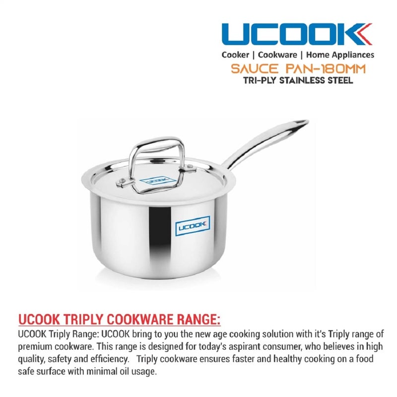 UCOOK Stainless Steel Triply Induction Compatible Sauce Pan with Lid, 180 mm/2.5 LTR, Silver - Image 5