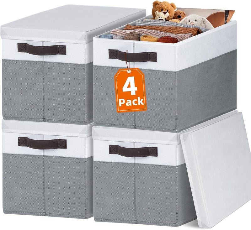 Criusia Large Closet Storage Baskets Bins with Lids 4 Pack, Storage Baskets for Organizing Shelves Nursery Bedroom, Home Dorm Closet Organizers Cubes for Clothes Toys Blanket - Stackable & Sturdy -14x10x9.5 - Image 1