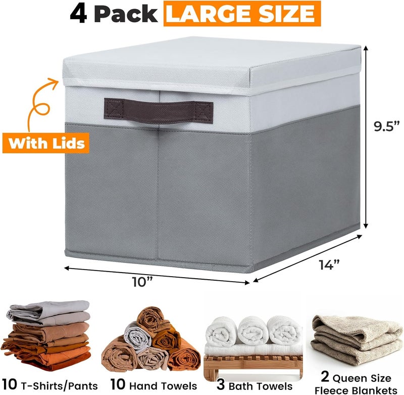 Criusia Large Closet Storage Baskets Bins with Lids 4 Pack, Storage Baskets for Organizing Shelves Nursery Bedroom, Home Dorm Closet Organizers Cubes for Clothes Toys Blanket - Stackable & Sturdy -14x10x9.5 - Image 2