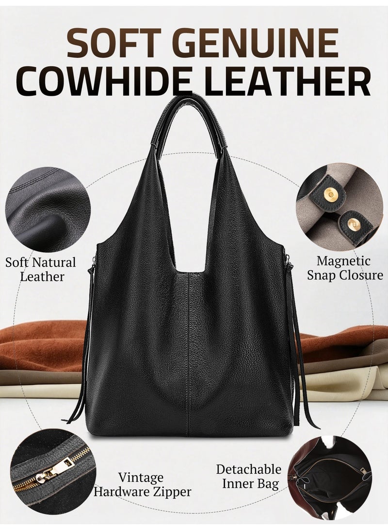 Blofinche Genuine Leather Hobo Tote Bag for Women, Large Soft Slouchy Handbag, Full Zip Laptop Work Bag, Solid Genuine Cowhide Leather Purse for Daily Office Shopping - Image 1