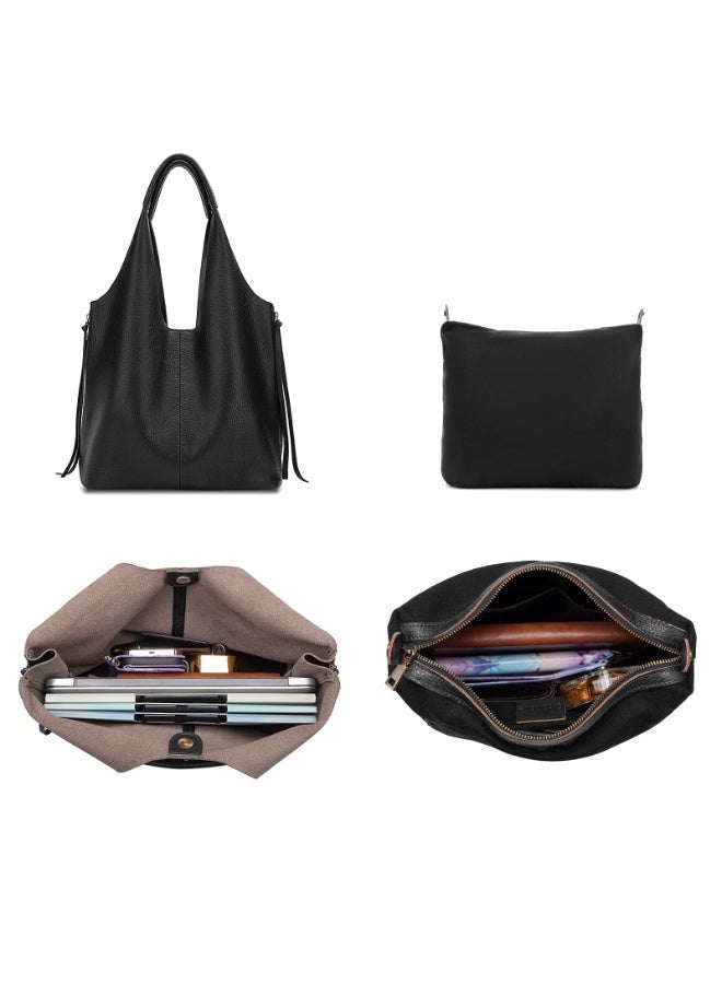 Blofinche Genuine Leather Hobo Tote Bag for Women, Large Soft Slouchy Handbag, Full Zip Laptop Work Bag, Solid Genuine Cowhide Leather Purse for Daily Office Shopping - Image 3