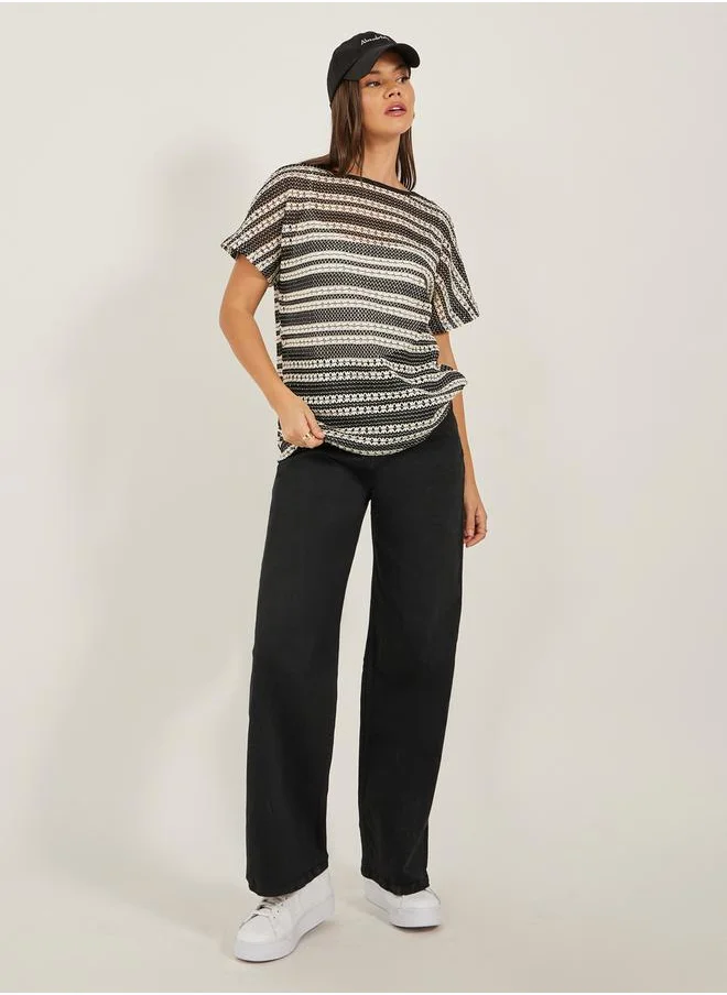 ستايلي Self Design Boatneck Neck Short Sleeve Boxy Fit Knit T-shirt
